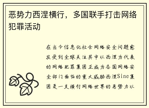 恶势力西涅横行，多国联手打击网络犯罪活动